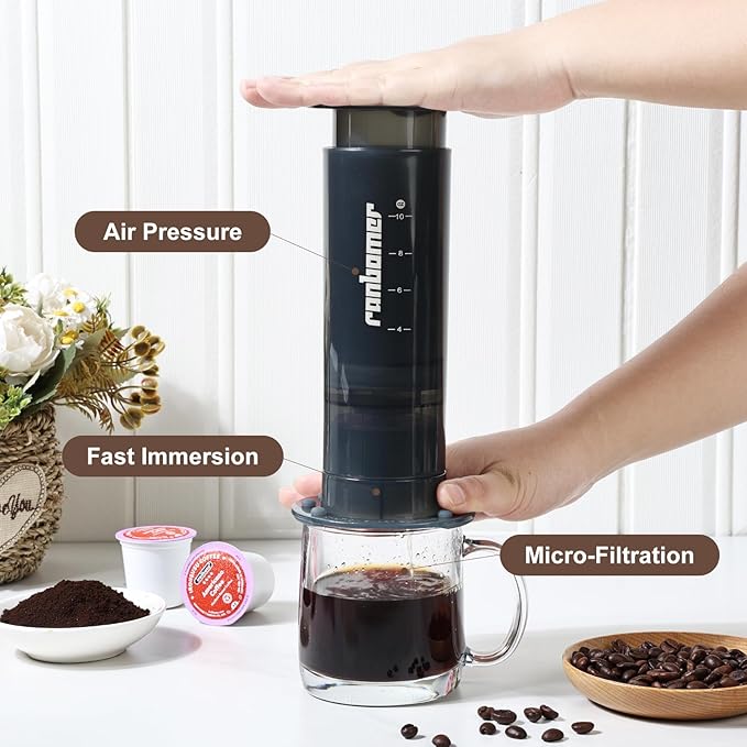 French Press Coffee Maker, 2-in-1 Single Serve K Cup Compatible, Portable Coffee Machine for Ground Coffee, Black, 10 Oz Capacity, for Camping, Travel