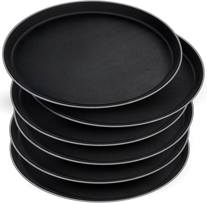 6 Pieces Restaurant Serving Tray, Non Slip Surface Round Tray Plastic Food Meals Server with Raised Edges for Home, Kitchen, Restaurant, Cafeteria, Bar, Hotel (Black, 6 Pcs 11 Inch)