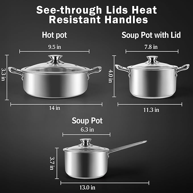 Stainless Steel Pots and Pans Set, 6 Piece Kitchen Induction Cookware Sets with Glass Lids, Works with Induction, Electric and Gas Cooktops, Non Toxic, Oven & Dishwasher Safe