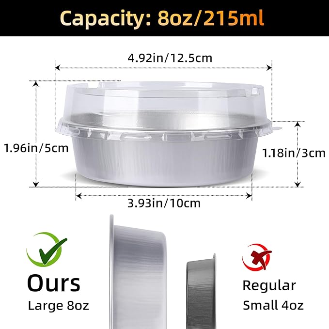 Beasea Mini Pie Pans with Lids, 120 Pack 4 Inch 8oz Disposable Mini Cake Pans Creme Brulee Aluminum Foil Pie Tart Ramekins Tins Silver Small Individual Round Containers Oven Safe for Baking