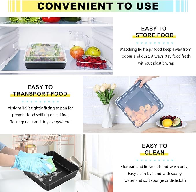 P&P CHEF Square Baking Pan with Lid, Nonstick Stainless Steel Square Cake Pan and Plastic Lid, Black Bakeware Tin for Lasagna Brownies, Sturdy & Easy Clean, (9 Inch, 4Pcs)