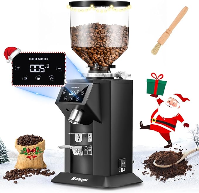 Huanyu Professional Coffee Grinder with 74mm Flat Burr 53ounce Bean Hopper 15 Infinite Grinding Settings Electric Coffee Grinder with Touching Screen Black