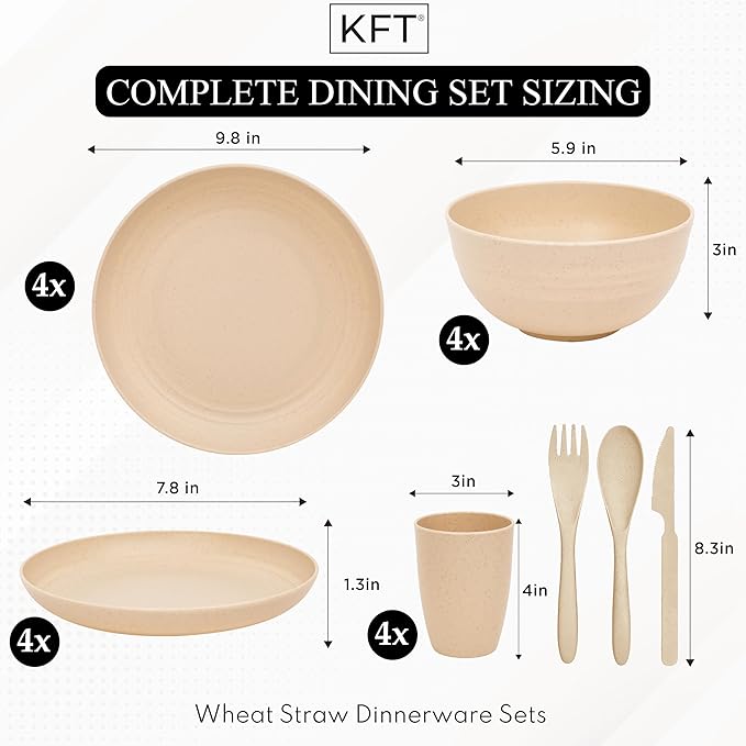Wheat Straw Dinnerware Sets for 4 - KFT Lightweight & Unbreakable Dishes Microwave & Dishwasher Safe Perfect for Camping, Picnic, RV, Dorm Plates, Cups and Bowls