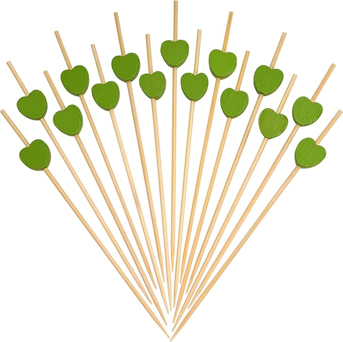 Minisland Green Love Heart Cocktail Picks, 4.7 Inch Long Bamboo Fancy Toothpicks for Appetizers, Decorative Spring Summer Wedding Party Food Drinks Garnish Fruit Kabob Skewer Sticks 100 Counts -MSL442