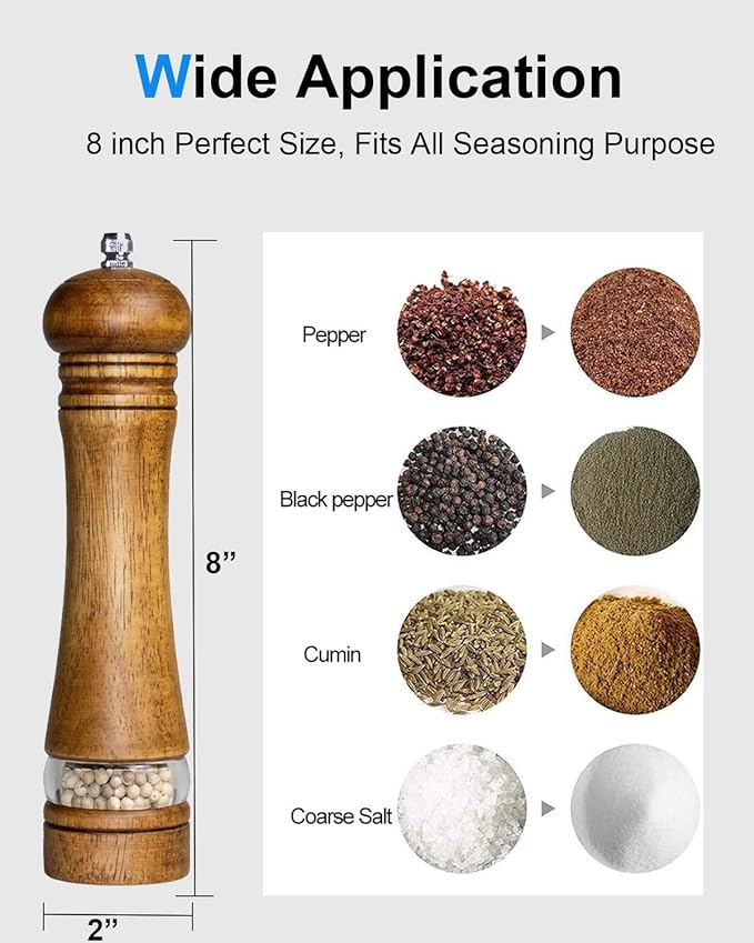 Pepper Grinder Salt Grinder Wooden Pepper Mill Grinder w/Adjustable Coarse, 8 inch Tall Wood Refillable Manual Pepper Grinder Mill Peppermill for Black Peppercorn, Easy Clean w/Cleaning Brush