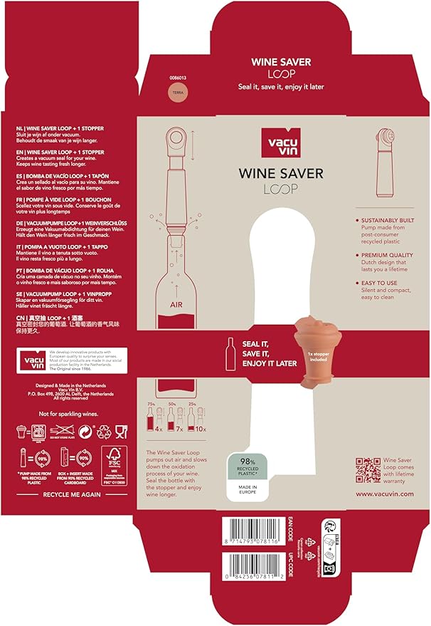 Vacu Vin Wine Saver Loop – Made in the Netherlands – Premium Wine Preserver Pump with Stopper – Reseals & Preserves Red or White Wine – Airtight Air Removal System – Terra