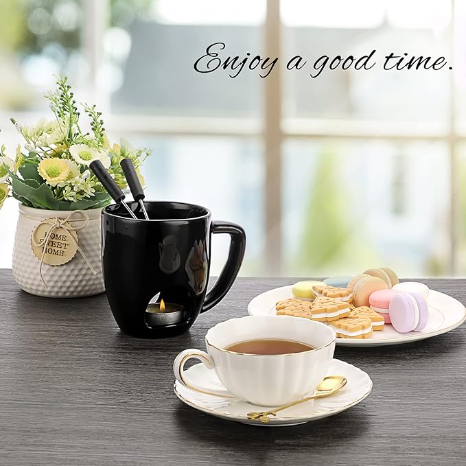 BSTKEY 230ML Personal Chocolate Fondue Mug Set, Ceramic Butter Warmer Set, Mini Melt Hot Pot Cup Set for Cheese Chocolate Butter Caramel, with 2 Forks (Black)