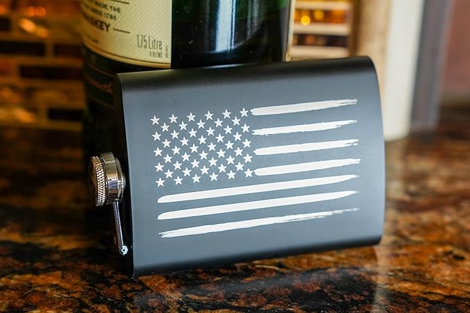 American Flag 8 oz Flask | Stainless Steel Hip Flask for Liquor – Matte Black, Great Gift Idea for Veterans