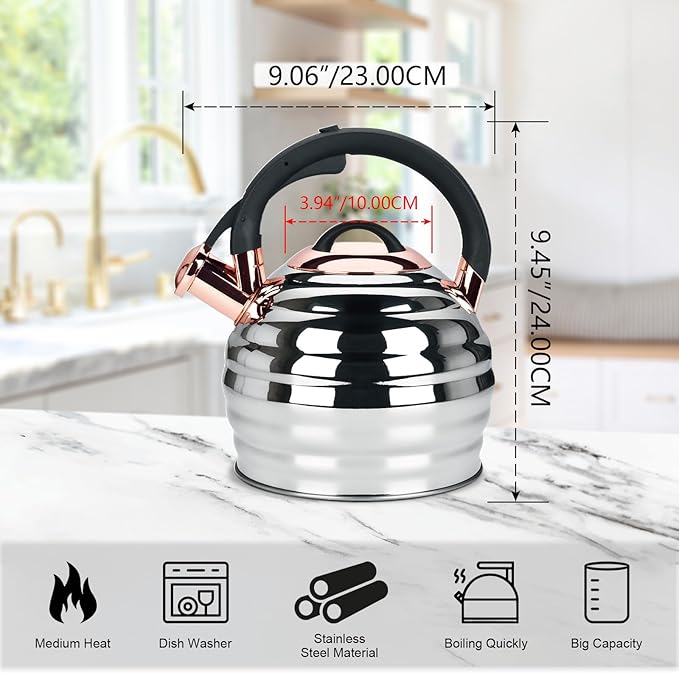 Tea Kettle for Stove Top Whistling Teapot, 3.2Q Tea Pot Stainless Steel Teakettle with Heat Proof Ergonomic Handle