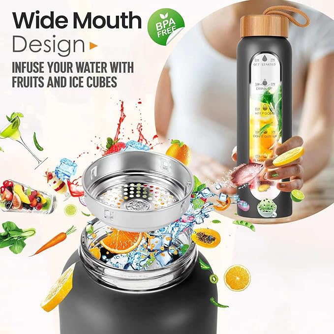 Aqulea Glass Water Bottles with Silicone Sleeve - BPA Free Reusable Wide Mouth Glass Motivational Water Bottles with Fruit Infuser – Leak Proof Borosilicate Water Bottle with Time Marker