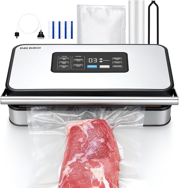 INKBIRD Vacuum Sealer Machine with 160W Double Pump, Full Automoatic Pro Vacuum Sealer for Food Preservation with Liquid/Moist/Dry Food, Food Sealer with Removable Drip Tray, Roll Storage and Cutter
