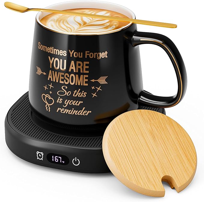 Coffee Mug Warmer & You are Awesome Mug Set, Electric Cup Warmer with Auto Shut Off, 4 Temperature Setting Smart Beverage Warmer, 8-Hours Auto Shut Off (Black Awesome Mug)
