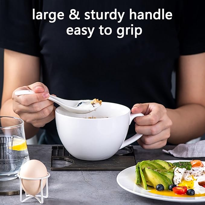 Chulan 22 oz Extra Large Bone China Cereal Mug Set of 4, Oversize White Ceramic Latte Mugs, Jumbo Soup Mugs Coffee Cups with Handles for Chocolate Cocoa Beverage Milk Salads Yogurt, Microwave Safe
