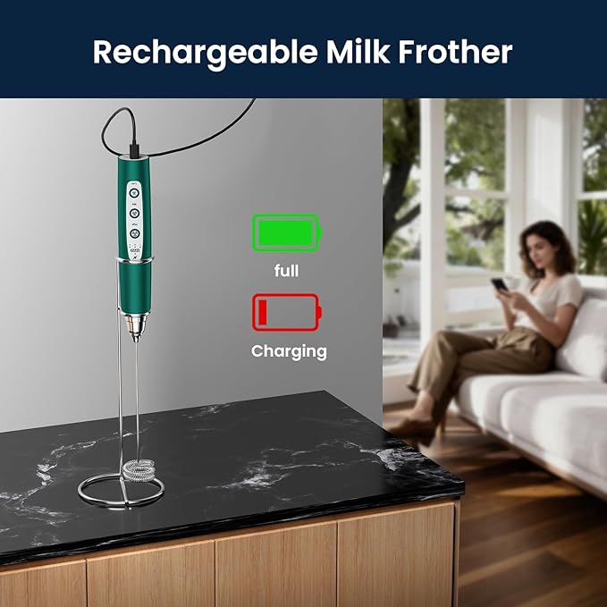 Milk Frother with Stand-Rechargeable Handheld Coffee Frother with 3 Stainless Whisks 3 Speed Adjustable, Electric Whisk Drink Mixer, Foam Maker Blender for Matcha Latte Cappuccino Chocolate