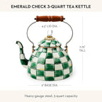 MACKENZIE-CHILDS Enamel Tea Kettle, Stylish Tea Kettle for Stovetop, Green-and-White Emerald Check, 3 Quarts