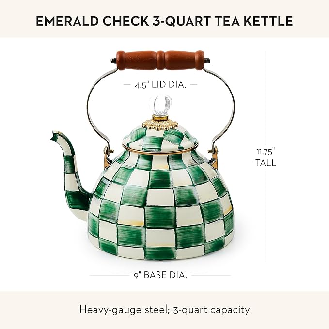 MACKENZIE-CHILDS Enamel Tea Kettle, Stylish Tea Kettle for Stovetop, Green-and-White Emerald Check, 3 Quarts