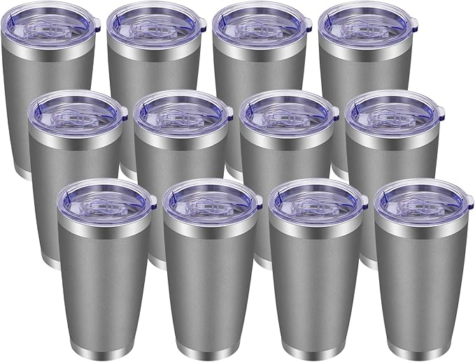VEGOND 20oz Tumbler with Lid and Straw Stainless Steel Tumbler Cup Bulk Vacuum Insulated Double Wall Travel Coffee Mug Powder Coated Coffee Cup(Grey 12 Pack