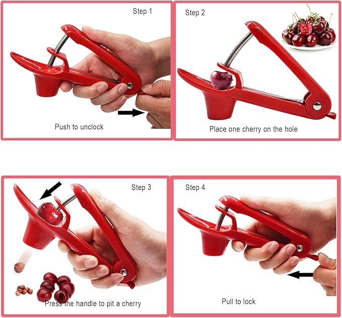Cherry Pitter, Stainless Steel Olive and Cherries Pitters Corer Tool with Space-Saving Lock Design, Multi-Function Fruit Pit Remover for Cherry Jam (Red)