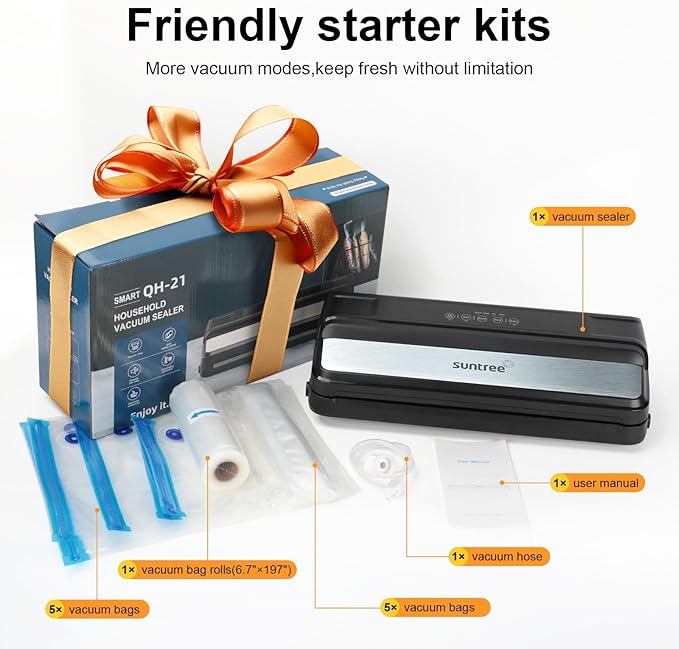 Vacuum Sealer for Food, 90Kpa 7-IN-1 Food Vacuum Sealer Machine Dry/Moist/Gentle Mode, Automatic Food Sealer with Build-in Cutter and Storage, 15pcs Pre-cut Bags, Bag Roll, Vaccum Hose