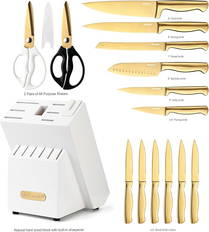 McCook® Knife Sets, Golden Titanium Stainless Steel Kitchen Knife Block Sets with Built-in Sharpener