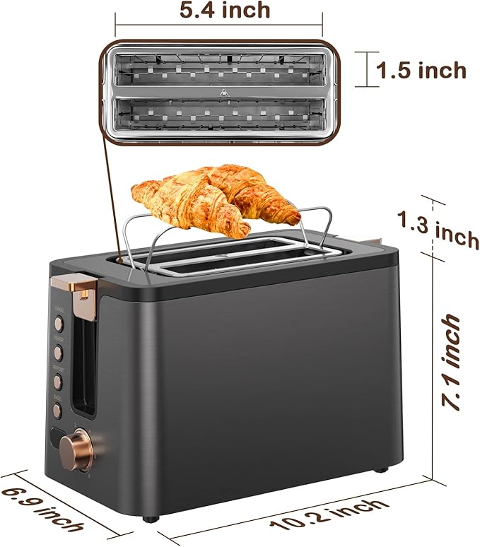 Mecity Toaster 2 Slice Stainless Steel Body Timer, Bagel/Defrost/Reheat/Cancel Functions,Warming Rack, Removable Tray, 6 Browning Settings, Extra Wide Slots, Bread Toaster, 120V 800W Grey