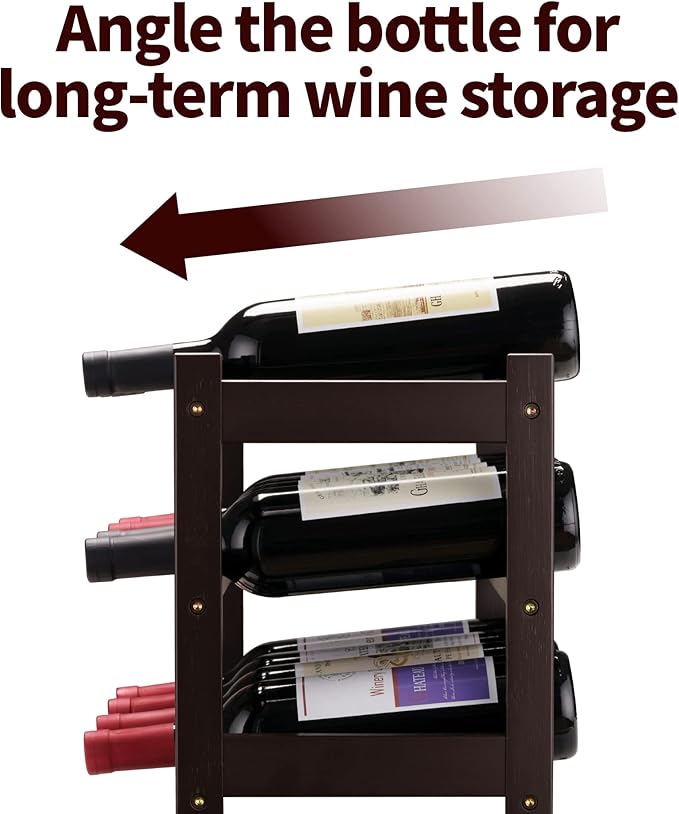 VASMIA Bamboo Wine Rack, Sturdy and Durable Wine Storage Cabinet Shelf, Wine Racks Countertop for Pantry,Kitchen,3-Tier 12 Bottles Wine Rack Brown