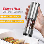 Electric Salt and Pepper Grinder Set – Automatic One-Handed Operation, Rechargeable Stainless Steel Mills, LED Light, 5-Level Adjustable Coarseness, Large 95ml Capacity and Clear Base