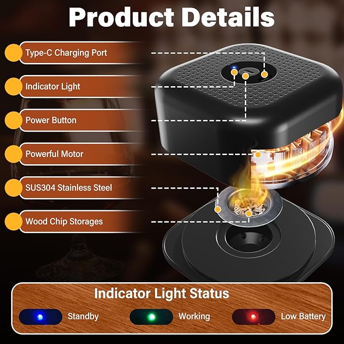 Gezen Electric Whiskey Smoker Kit with 6 Flavors Wood Chips, Rechargeable Cocktail Smoker Kit Built-in Lighter, Instant Smoke for Bourbon, Drinks and Food, Christmas Birthday Gifts for Men Dad Husband