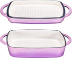 Bruntmor 2-in-1 Square Enamel Cast Iron Dutch Oven Baking Pan with Handles, Purple Baking Pans Set with Cast Iron Skillet, Braising Pan for Casserole Dish with lid, Oven Safe