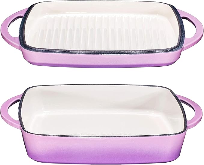 Bruntmor 2-in-1 Square Enamel Cast Iron Dutch Oven Baking Pan with Handles, Purple Baking Pans Set with Cast Iron Skillet, Braising Pan for Casserole Dish with lid, Oven Safe