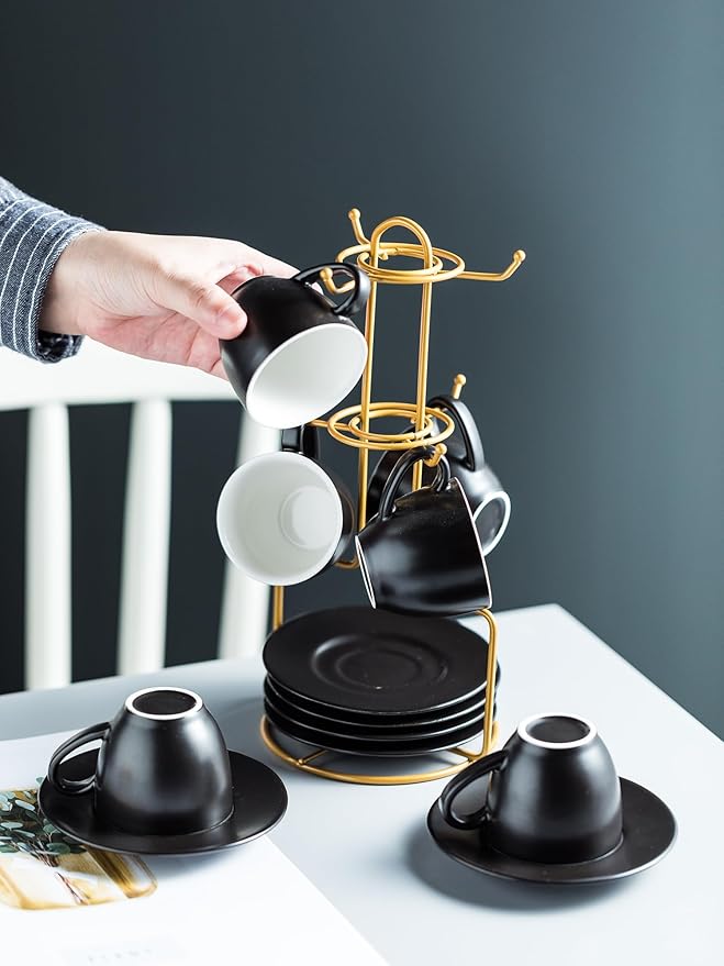 YHOSSEUN 3 Ounces Espresso Cups with Saucers Set, Porcelain Latte Cups and Metal Stand Demitasse Cups for Espresso, Latte, Cafe Mocha, Cappuccino and Tea, Set of 6, Black