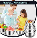 8+1 Stainless Steel Colander Set with Mixing Bowl, 4 Sizes (1.8QT, 2.3QT, 3QT, 4QT) with 1 Mesh Strainer, for Washing Rice, Fruits, Vegetables, Draining Pasta, Meat, and Spaghetti