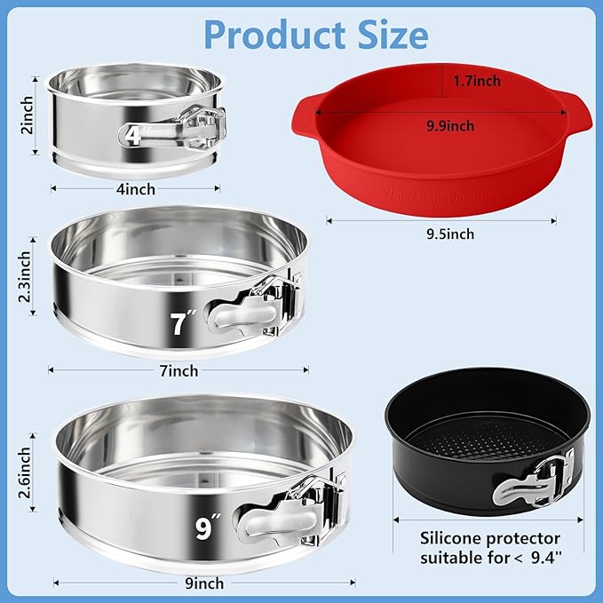 4, 7, 9 Inches Springform Pan Set - 304 Stainless Steel Nonstick Springform Cake Pan Set with Removable Bottom, 10 Inch Leakproof Silicone Cheesecake Pan Protector with 60 Pcs Parchment Paper