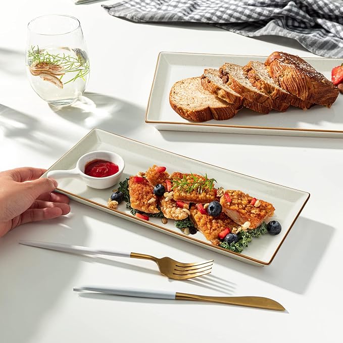 Sweese Rectangular Porcelain Platters, Vanilla White with Brown Trim, Serving Trays for Parties, 13.8 Inch Large Serving Dishes for Steak, Taco, Sushi, Appetizer - Dishwasher & Oven Safe - Set of 4