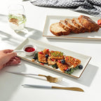 Sweese Rectangular Porcelain Platters, Vanilla White with Brown Trim, Serving Trays for Parties, 13.8 Inch Large Serving Dishes for Steak, Taco, Sushi, Appetizer - Dishwasher & Oven Safe - Set of 4