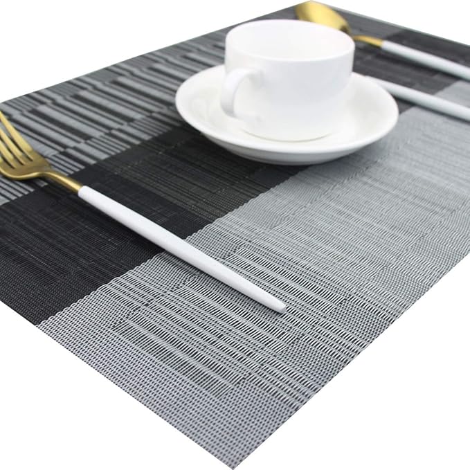 PIGCHCY Placemats,Washable Durable Woven Vinyl Placemats for Dining Table,Easy to Clean Plastic Placemats Set of 6 (Black)