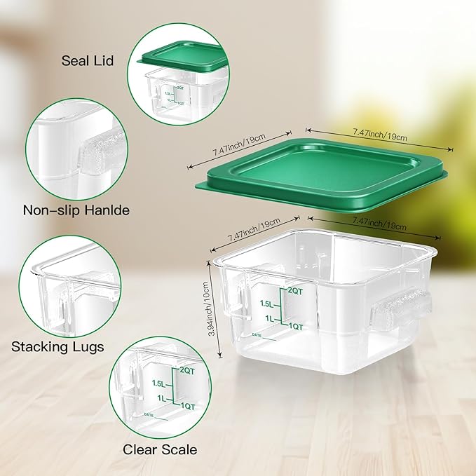 6 pcs 2qt Food Storage Containers with Lid, Square Clear Commercial Storage Containers with Handle and Scale for Food Storage in Home Kitchen & Dining (Green)