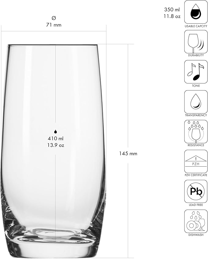 Krosno Long Drink Glasses, Set of 6, 13.9 oz, Blended Collection, Crystal Glass, Perfect for Everyday, Dishwasher Safe, Made in Europe
