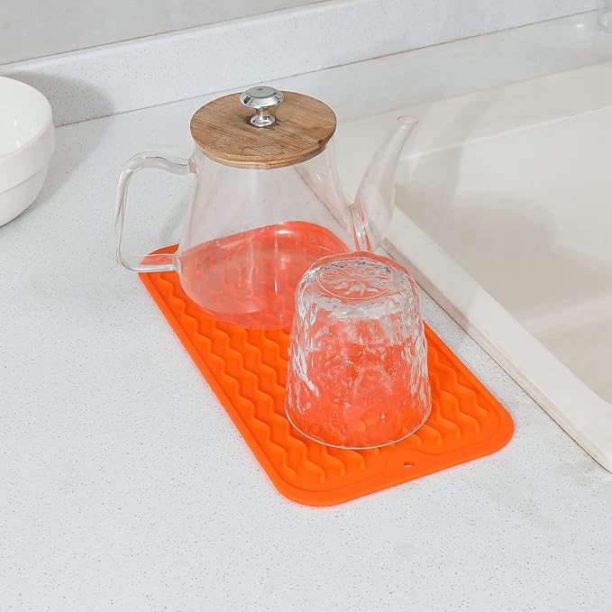 Silicone Dish Drying Mat for Multiple Usage,Easy clean,Eco-friendly,Heat-resistant Silicone Mat for Kitchen Counter or Sink,Refrigerator or Drawer Liner Orange S 12 inches x 6 inches