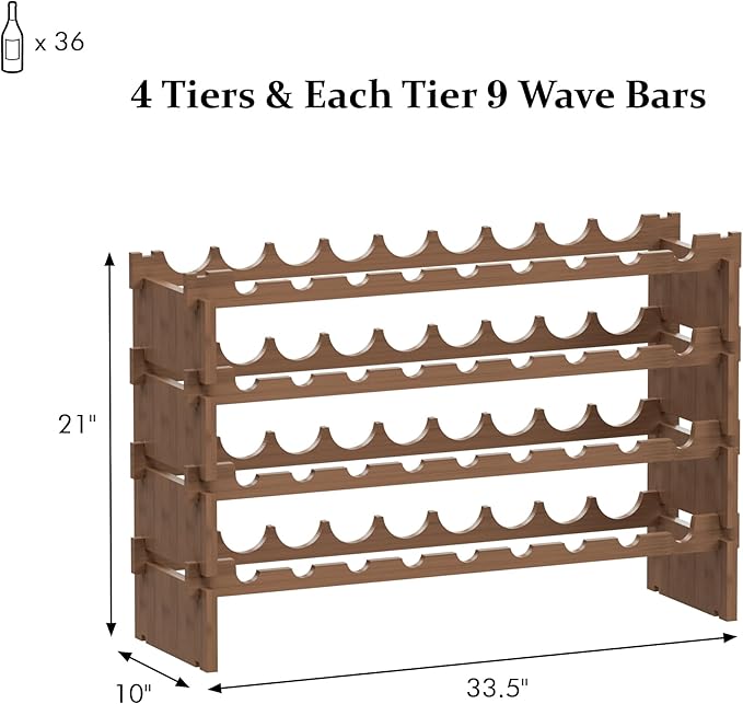 Bambloom Wine Rack Freestanding Floor, Stackable Wine Bottle Storage, Wooden Free Standing Wine Stand Organizer for Kitchen,Cellar. 36 Bottles Wine Holder Display Shelves for Champagne (Walnut)