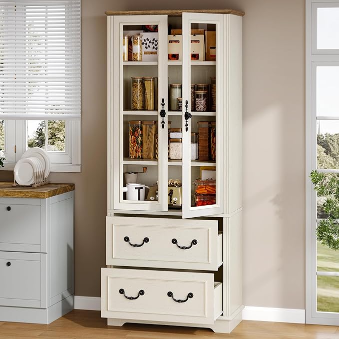 YITAHOME 76'' Kitchen Pantry Cabinet with 2 Drawers, Tall Storage Cabinet with Glass Doors & Adjustable Shelves, Freestanding Display Curio Cabinet for Collectibles, Living Room, Off-White