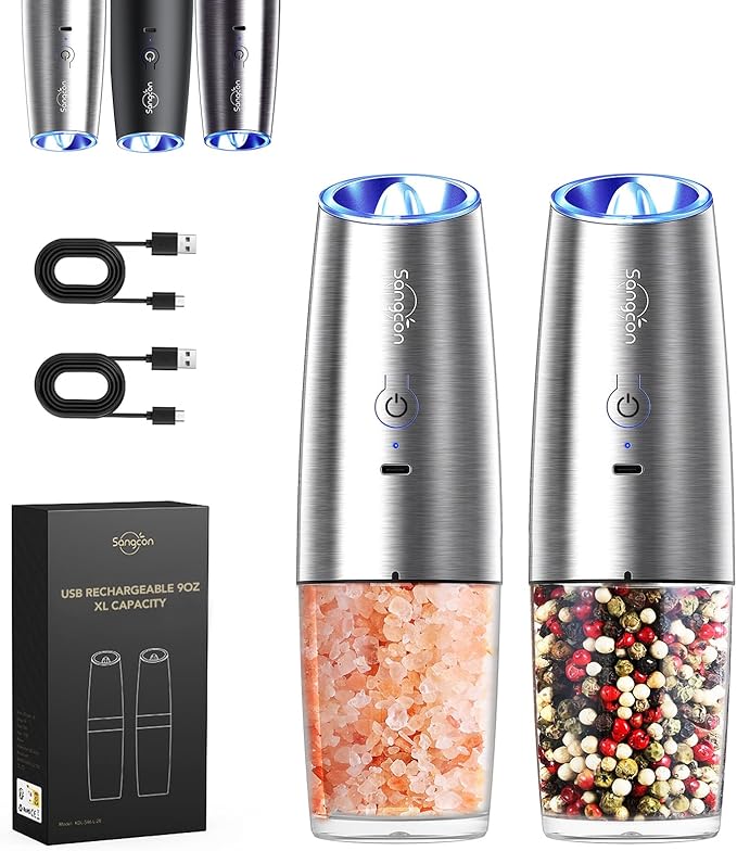 Sangcon Gravity Electric Salt and Pepper Grinder Set RECHARGEABLE Automatic Salt Pepper Shakers USB-C No Battery Needed - LED Light One Hand Operation, Adjustable Coarseness Pepper Mill Set
