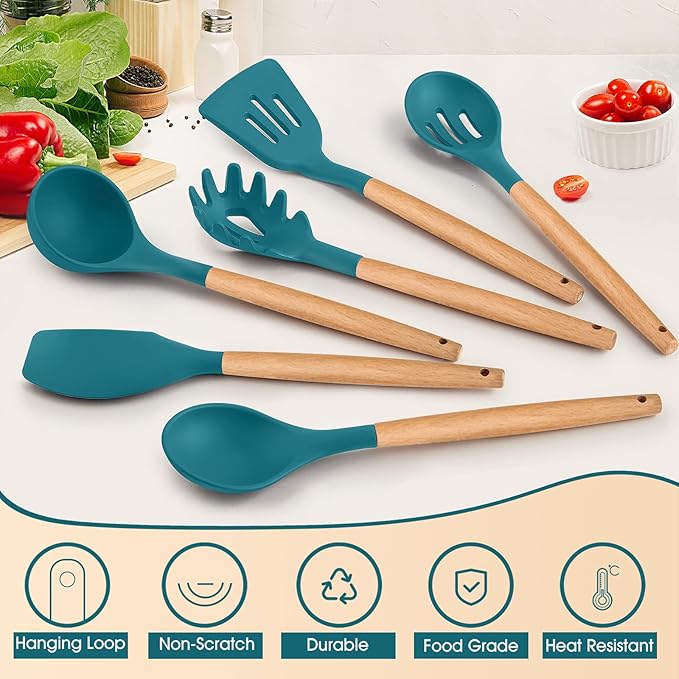 Kitchen Utensils Set of 6, E-far Silicone Cooking Utensils with Wooden Handle, Non-stick Cookware Friendly, Includes Spatula/Ladle/Slotted Turner/Serving Spoon/Spaghetti Server(Teal Blue)
