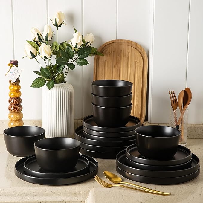 AmorArc Ceramic Dinner Plates Set of 6, 10.0 Inch Matte Stoneware Plates for Kitchen,Modern Flat Dinnerware Dishes Set,Microwave& Dishwasher Safe, Scratch Resistant, Matte Black