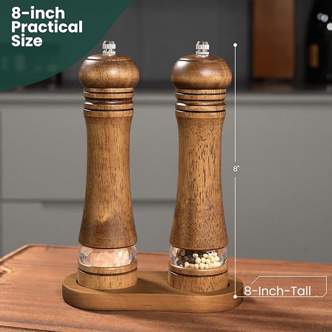 2-Piece Salt and Pepper Grinder Set with Wood Tray, 8 Inch Wooden Salt and Pepper Mills with Adjustable Coarseness, Refillable Manual Pepper Mill Grinder for Home Cooks (Brown)