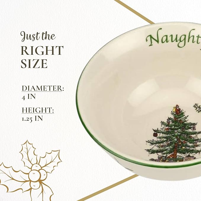 Spode Christmas Tree Dip Bowls - Set of 2, Naughty and Nice, 4-Inch Ceramic Serving Bowls for Holiday Dips, Snacks, Nibbles - Festive Tableware Christmas Tree Design - Dishwasher & Microwave Safe