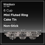 Wrenbury Nonstick Mini Buntz Cake Pan Non Stick for Baking - 6 Cup Bundtlette Fluted Cake Tin for Small Cakes - PFOA Free and Dishwasher Safe - 3.75” Cup Width