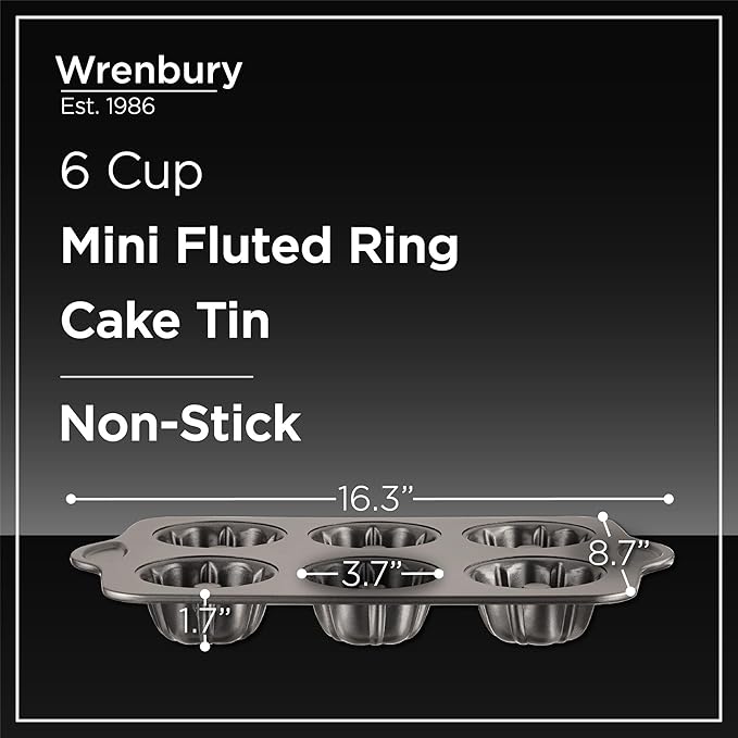 Wrenbury Nonstick Mini Buntz Cake Pan Non Stick for Baking - 6 Cup Bundtlette Fluted Cake Tin for Small Cakes - PFOA Free and Dishwasher Safe - 3.75” Cup Width