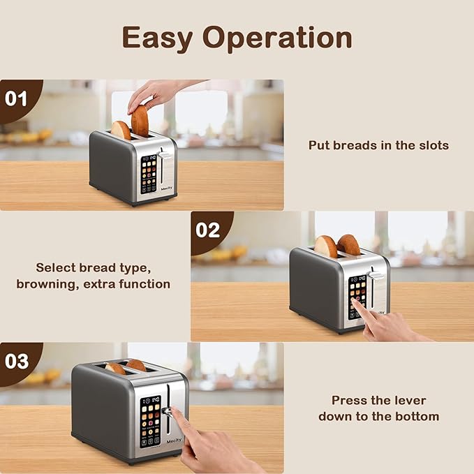 Mecity 2 Slice Touch Screen Toaster, 1.5" Wide Slot, Stainless Steel Smart Toaster for Bagels, Muffins, Waffles, Gluten-Free Breads, Defrost, Reheat, Timer, 120V 825W, Pearl Grey
