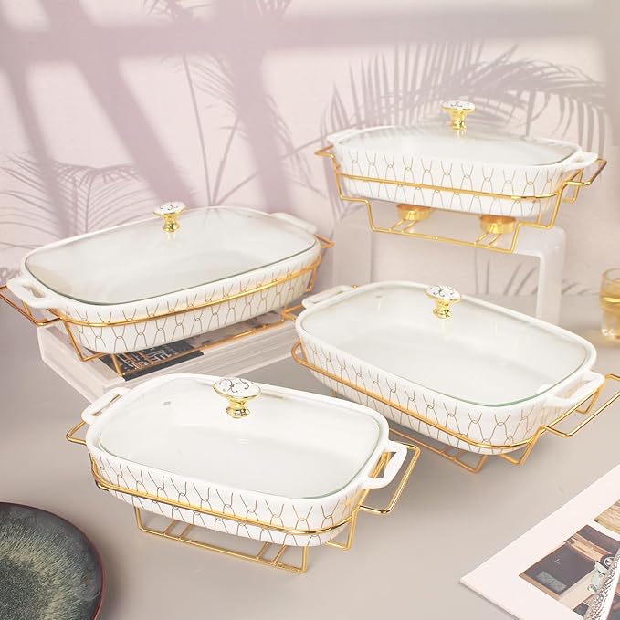9" x 6" Ceramic Casserole Dish with Glass Lid and Rack, 30 ounce Serving Soup Tureen,Chafing Dish for Buffet, Family Food preserve Tray, Catering Casserole for Party Style, White